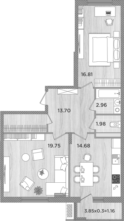 Планировка — Сады у моря, 2-комн., 70 м²