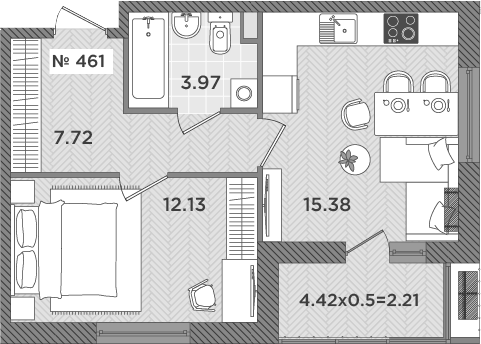 Планировка — Сады у моря, 2-комн., 39 м²