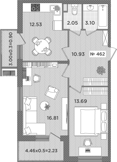 Планировка — Сады у моря, 2-комн., 59 м²