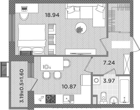 Планировка — Сады у моря, 1-комн., 41 м²