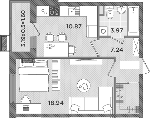 Планировка — Сады у моря, 1-комн., 41 м²