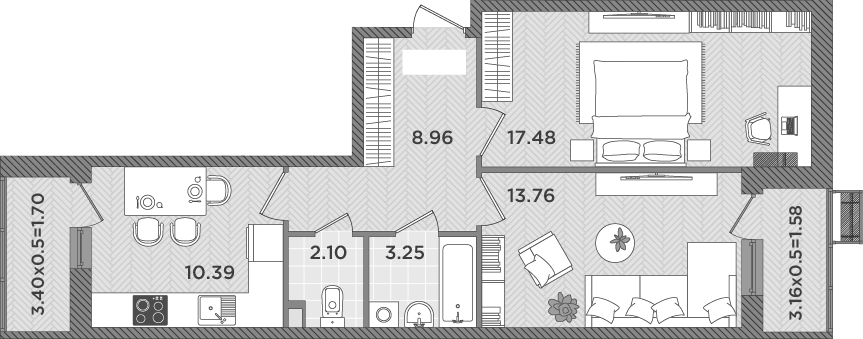 Планировка — Сады у моря, 2-комн., 56 м²