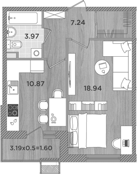 Планировка — Сады у моря, 1-комн., 41 м²
