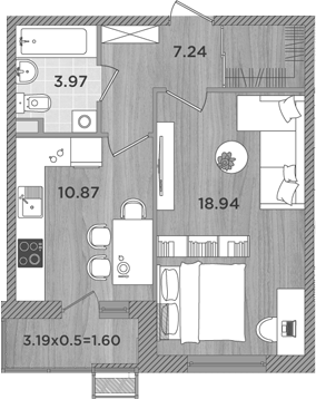 Планировка — Сады у моря, 1-комн., 41 м²