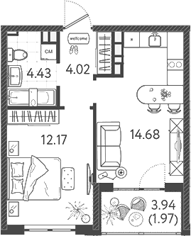 Планировка — Друзья, 1-комн., 34 м²