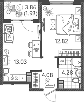 Планировка — Друзья, 1-комн., 34 м²
