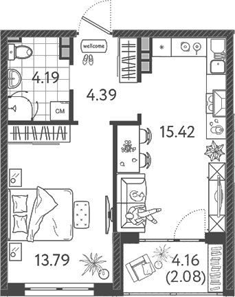 Планировка — Друзья, 2-комн., 38 м²