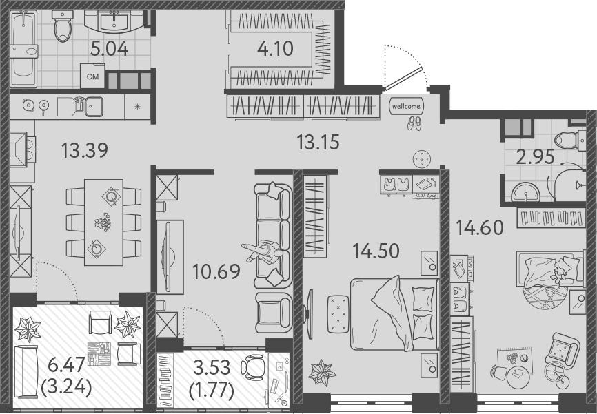 Планировка — Друзья, 3-комн., 78 м²