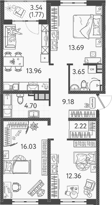 Планировка — Друзья, 3-комн., 76 м²