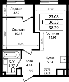 Планировка — Патрики, 2-комн., 37 м²