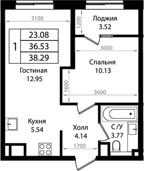 Планировка — Патрики, 2-комн., 37 м²