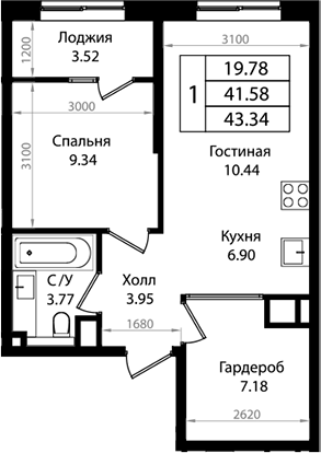 Планировка — Патрики, 2-комн., 42 м²