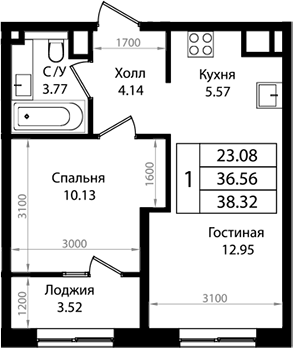 Планировка — Патрики, 2-комн., 37 м²