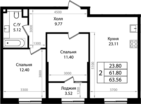 Планировка — Патрики, 3-комн., 62 м²