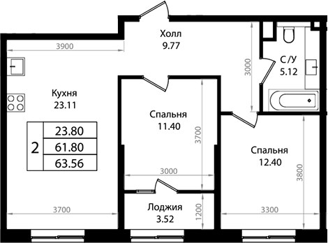 Планировка — Патрики, 3-комн., 62 м²