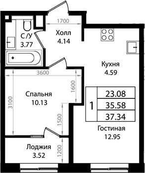 Планировка — Патрики, 2-комн., 36 м²