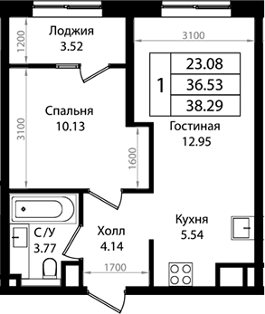 Планировка — Патрики, 2-комн., 37 м²