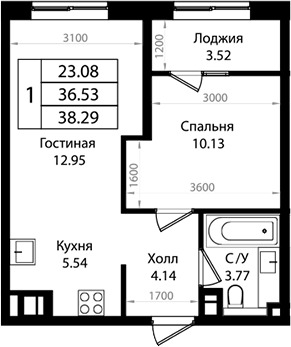 Планировка — Патрики, 2-комн., 37 м²