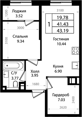 Планировка — Патрики, 2-комн., 41 м²