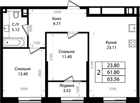 Планировка — Патрики, 3-комн., 62 м²