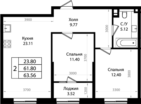 Планировка — Патрики, 3-комн., 62 м²
