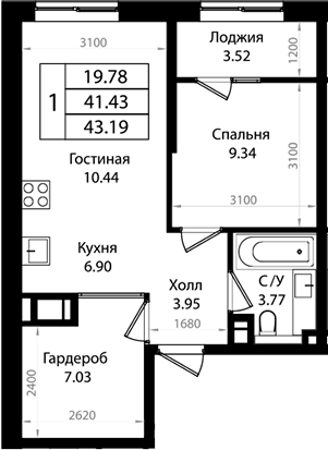 Планировка — Патрики, 2-комн., 41 м²