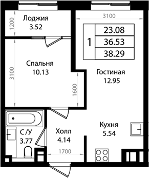Планировка — Патрики, 2-комн., 37 м²
