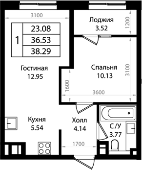 Планировка — Патрики, 2-комн., 37 м²