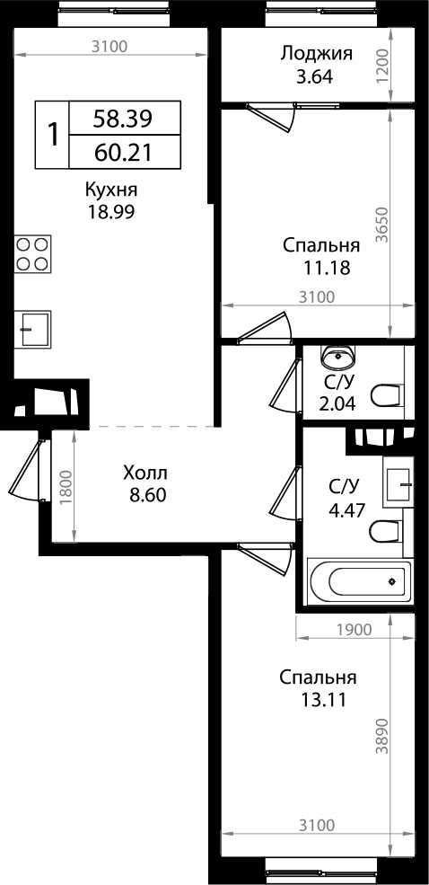 Планировка — Патрики, 3-комн., 58 м²