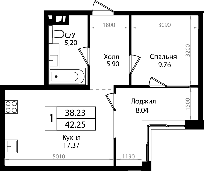 Планировка — Патрики, 2-комн., 38 м²
