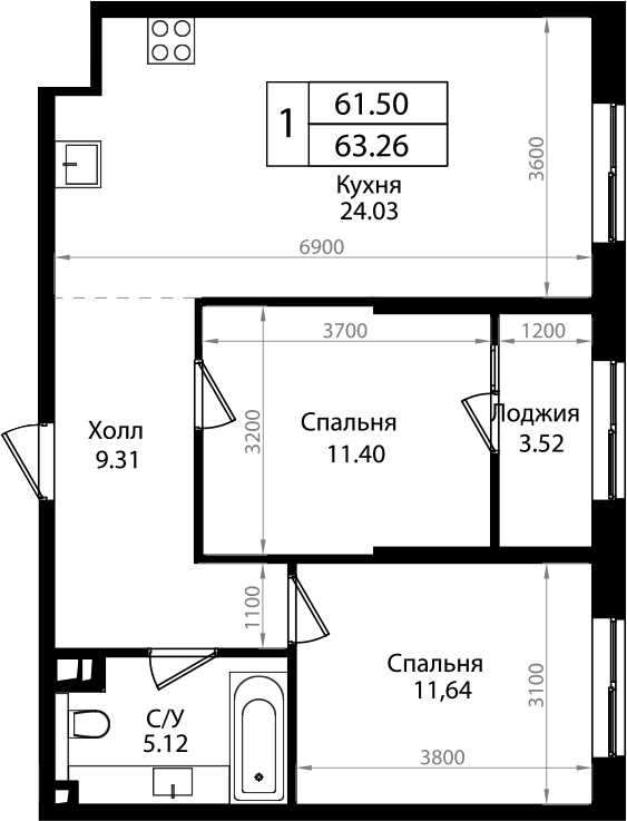 Планировка — Патрики, 3-комн., 62 м²