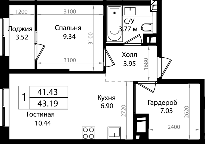 Планировка — Патрики, 2-комн., 41 м²