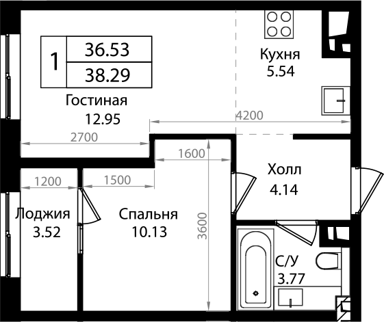 Планировка — Патрики, 2-комн., 37 м²