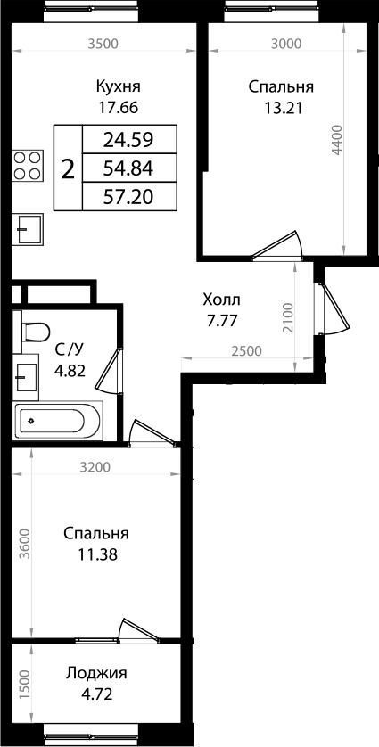 Планировка — Патрики, 3-комн., 55 м²