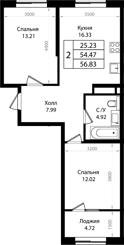 Планировка — Патрики, 3-комн., 54 м²