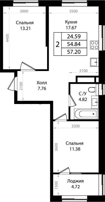 Планировка — Патрики, 3-комн., 55 м²