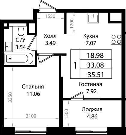 Планировка — Патрики, 2-комн., 33 м²