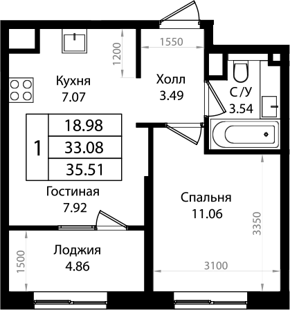 Планировка — Патрики, 2-комн., 33 м²