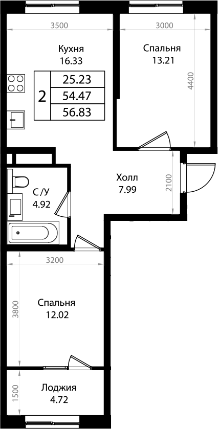 Планировка — Патрики, 3-комн., 54 м²