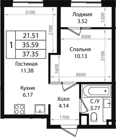 Планировка — Патрики, 2-комн., 36 м²
