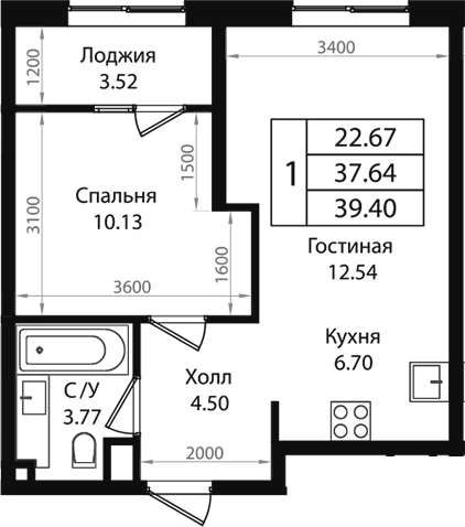 Планировка — Патрики, 2-комн., 38 м²