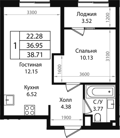 Планировка — Патрики, 2-комн., 37 м²