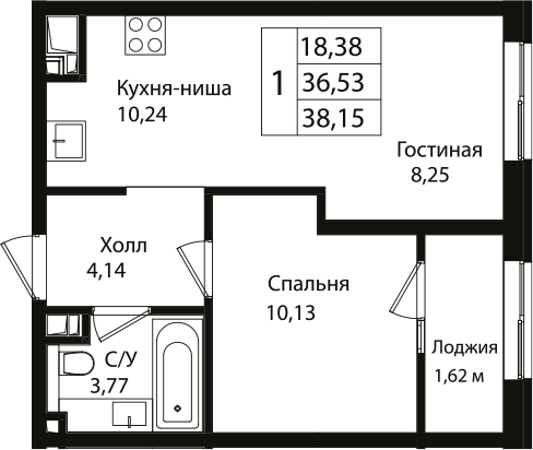 Планировка — Патрики, 2-комн., 37 м²