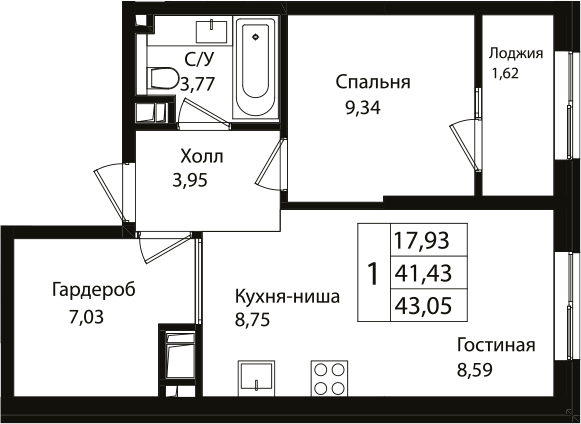 Планировка — Патрики, 2-комн., 41 м²
