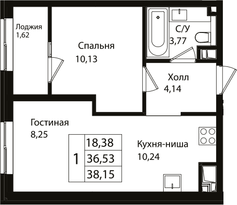 Планировка — Патрики, 2-комн., 37 м²