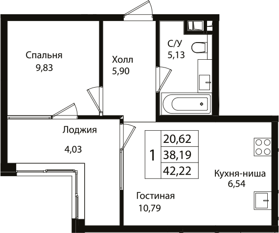 Планировка — Патрики, 2-комн., 38 м²