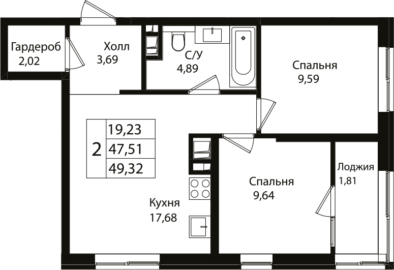 Планировка — Патрики, 3-комн., 48 м²