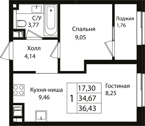 Планировка — Патрики, 2-комн., 35 м²
