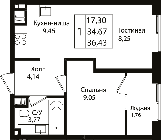 Планировка — Патрики, 2-комн., 35 м²