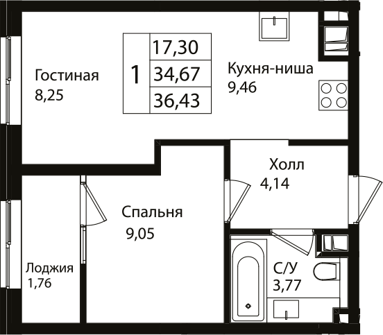 Планировка — Патрики, 2-комн., 35 м²
